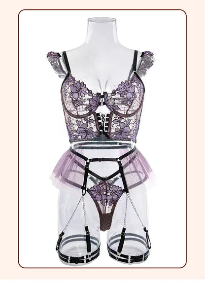 Lingeries - Floral Lingerie with Tulle Garter Belt Set for Intimate Celebrations