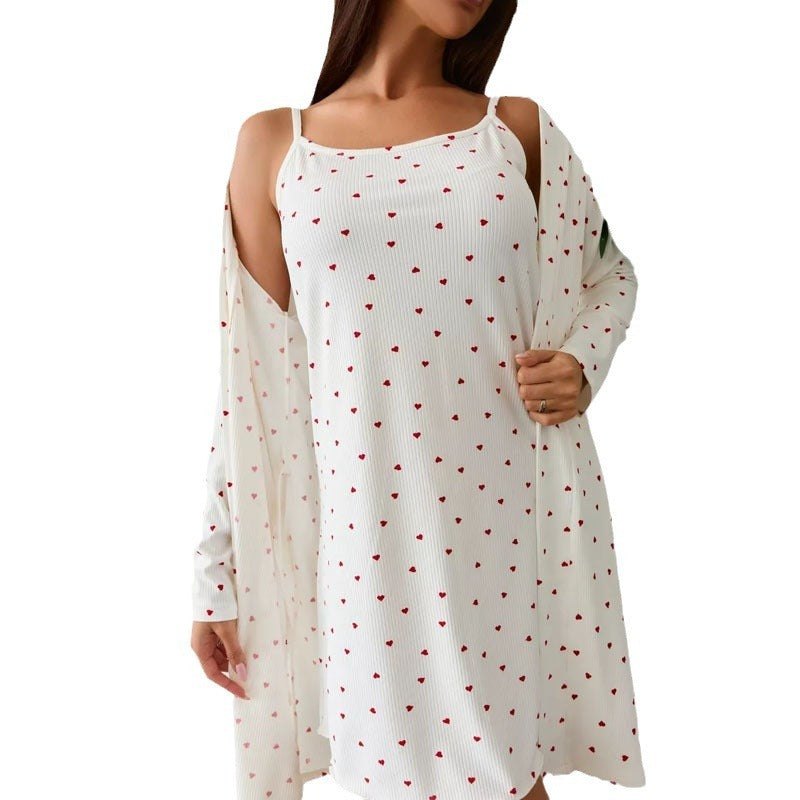 Loungewear - Heart Print Lounge Pajamas - Cami Dress &amp; Robe Set
