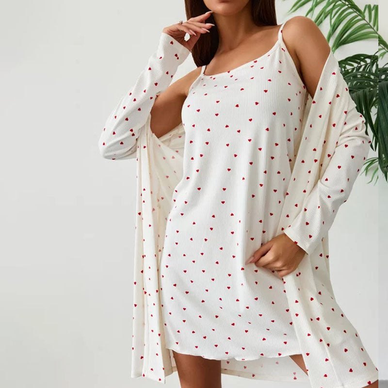 Loungewear - Heart Print Lounge Pajamas - Cami Dress &amp; Robe Set