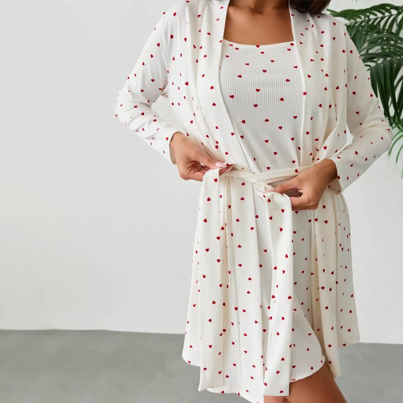 Loungewear - Heart Print Lounge Pajamas - Cami Dress &amp; Robe Set