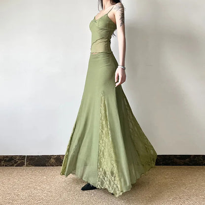 Matching Outfit Set - Spaghetti Strap Crop and Flowy Lace Skirt Matching Set
