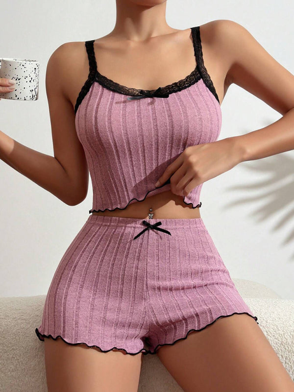 Matching Pajamas - Home Loungewear Ribbed Pajama Set with Lace Trim