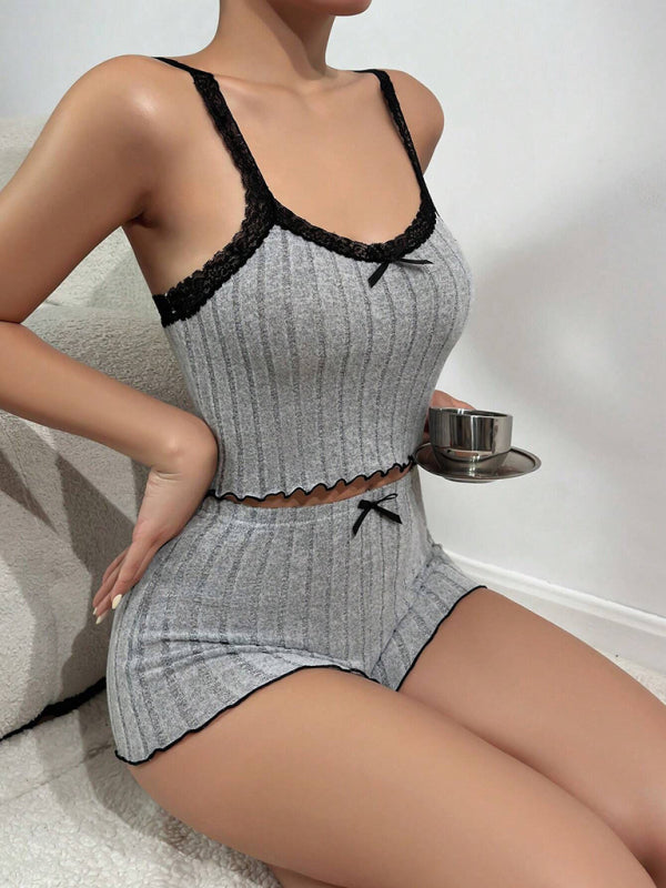 Matching Pajamas - Home Loungewear Ribbed Pajama Set with Lace Trim