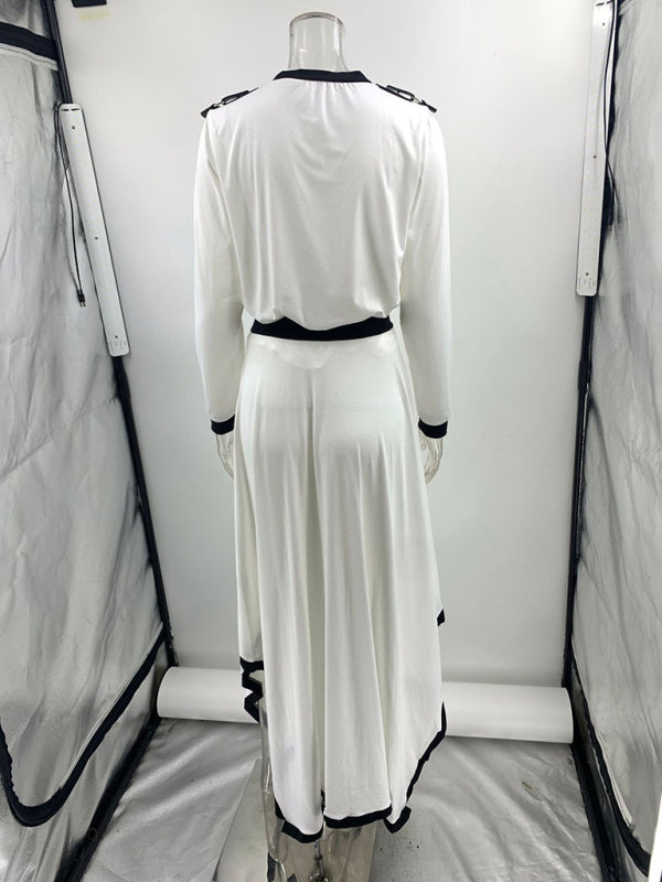 Matching Sets - Long-Sleeve Top and Maxi Skirt Set with Contrast Piping