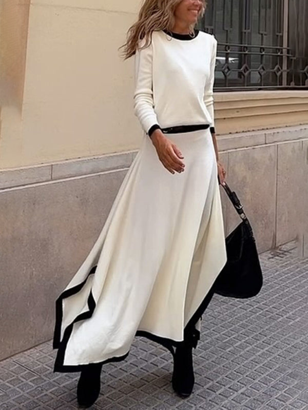 Matching Sets - Long-Sleeve Top and Maxi Skirt Set with Contrast Piping