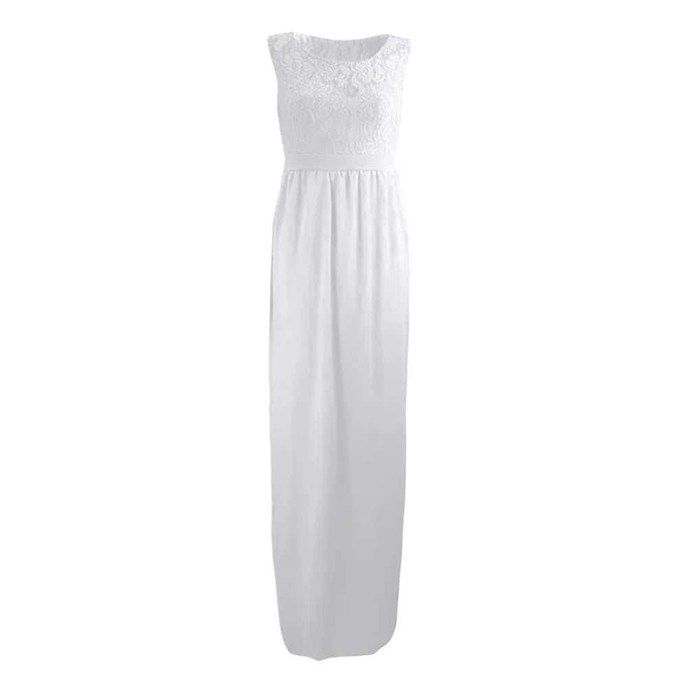 Maternity Dresses- Elegant Lace-Accented Maternity Dress for Special Events- White- Chuzko Women Clothing