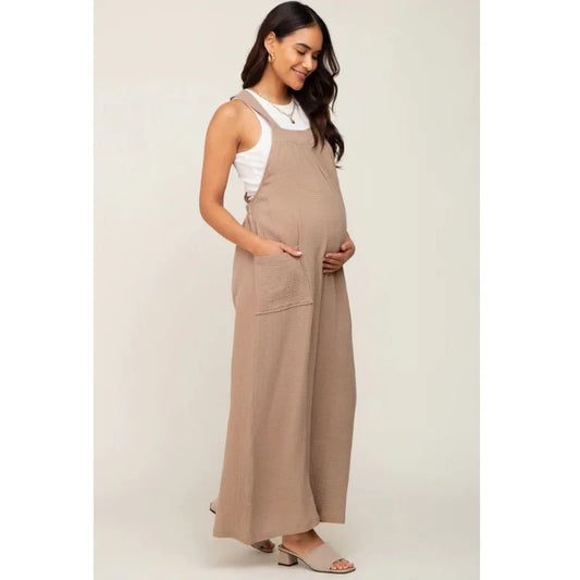 Maternity Playsuits- Casual Maternity Cotton Bib Playsuit - Wide-Leg Loose Jumpsuit- Khaki- Chuzko Women Clothing