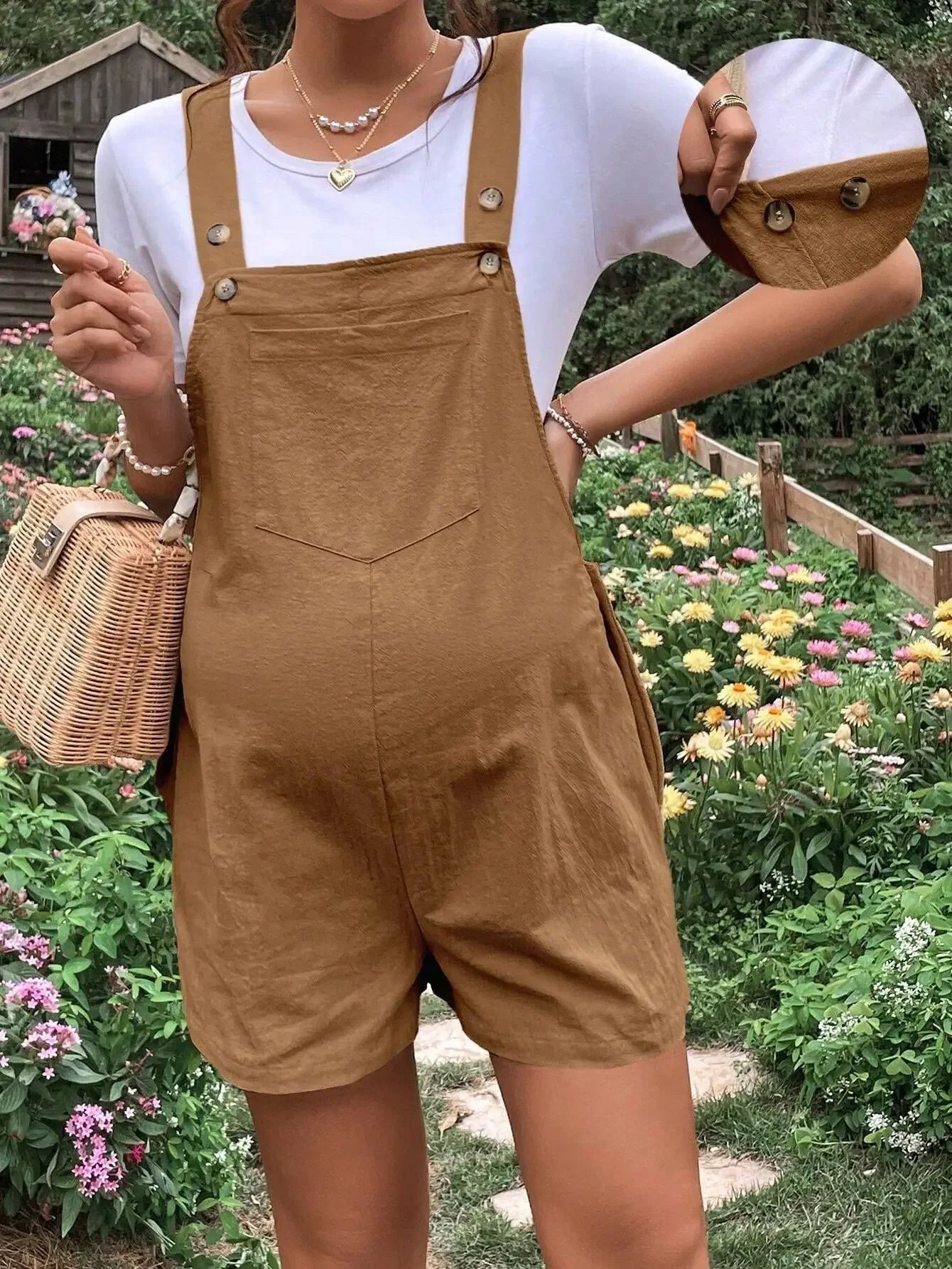 Maternity Playsuits- Solid Cotton Bib Shorts Maternity Romper- - Chuzko Women Clothing