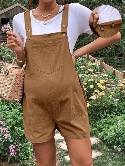 Maternity Playsuits- Solid Cotton Bib Shorts Maternity Romper- - Chuzko Women Clothing