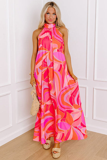 Maxi Dresses - Vibrant Rose Abstract Print Maxi Dress for Summer