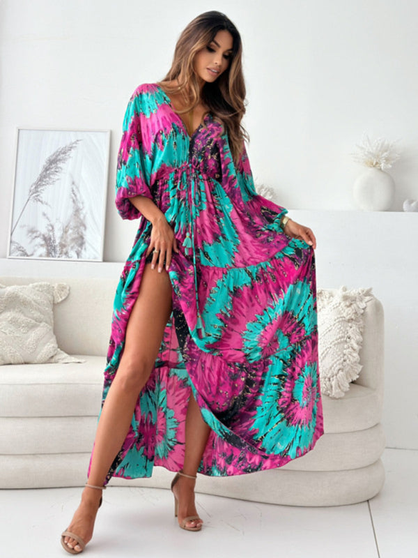 Maxi Dresses - Boho Floral Maxi Dress with Slit for Festivals