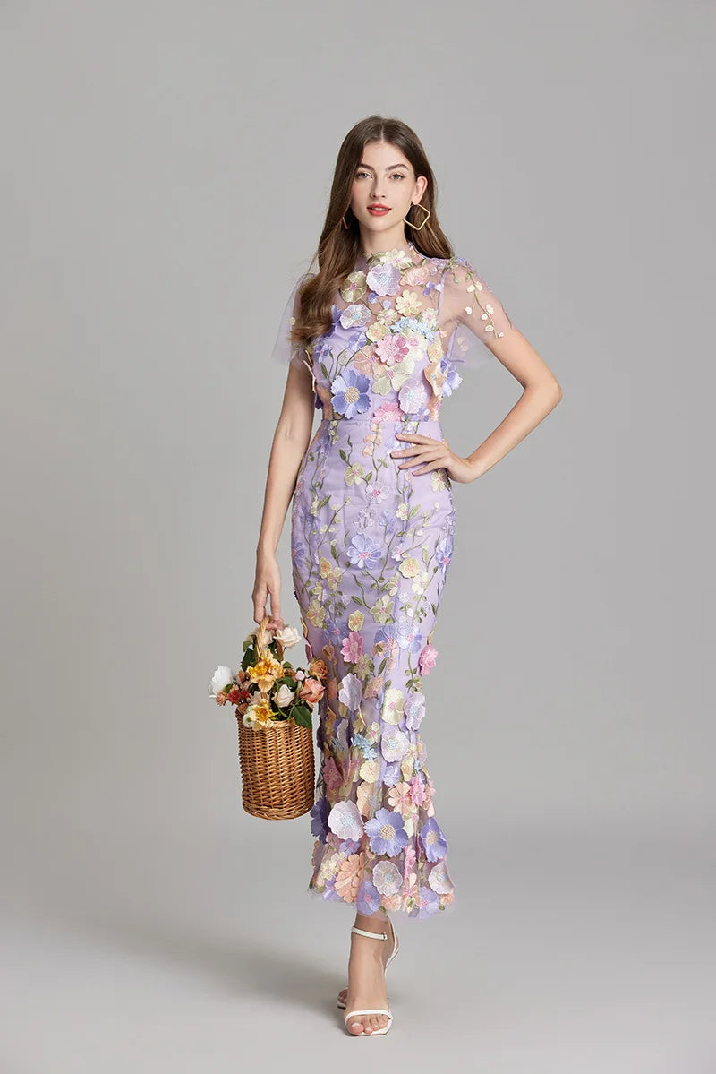 Maxi Dresses - Elegant Mesh Fishtail Dress with 3D Flower Appliqué
