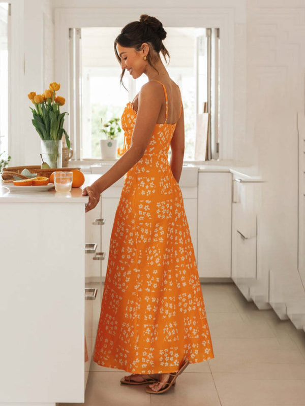Maxi Dresses- Floral Vacation-ready Sheath Cami Maxi Dress with Frill Accents- - Chuzko Women Clothing