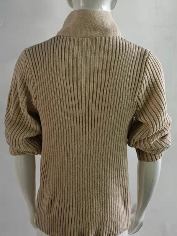 Men Sweaters - Chain-link & Ribs Knit Shawl Collar Fitted Sweater