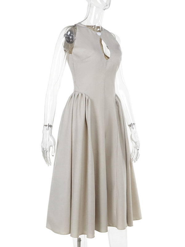 Midi Dresses - Casual Tea-Length Dress with Basque Waist