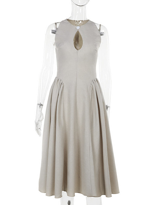 Midi Dresses - Casual Tea-Length Dress with Basque Waist