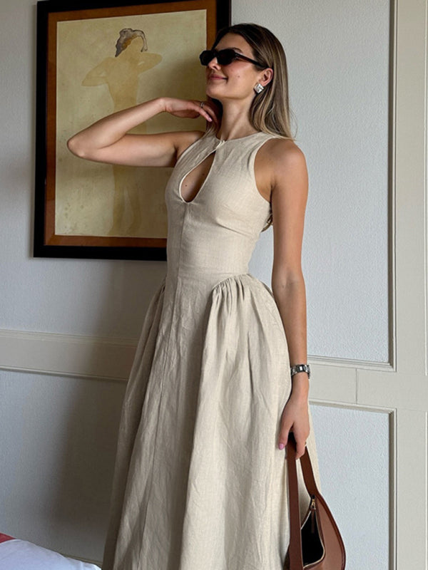 Midi Dresses - Casual Tea-Length Dress with Basque Waist