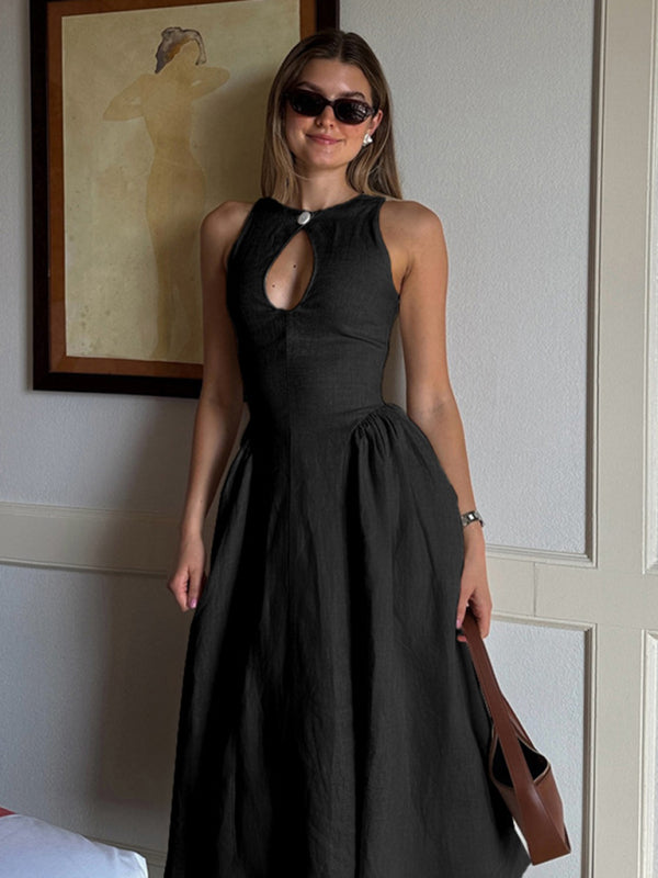 Midi Dresses - Casual Tea-Length Dress with Basque Waist