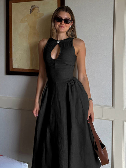 Midi Dresses - Casual Tea-Length Dress with Basque Waist