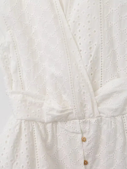 Midi Dresses- Garden Collared Eyelet Embroidered Summer Tea Dress- - Pekosa Women Fashion