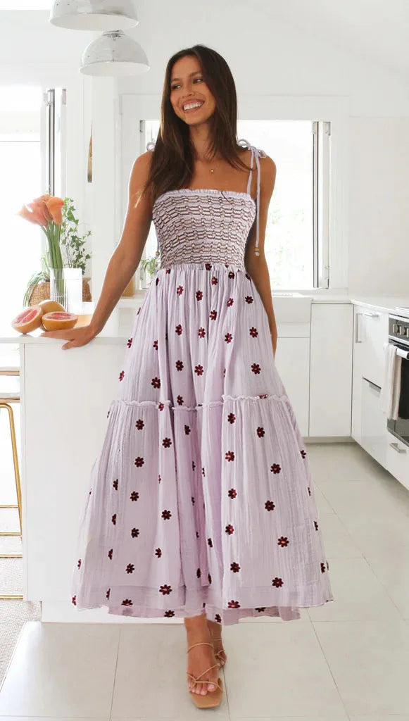 Midi Dresses - Smocked Boho Midi Dress with Embroidery for Outdoor Summer Festivities
