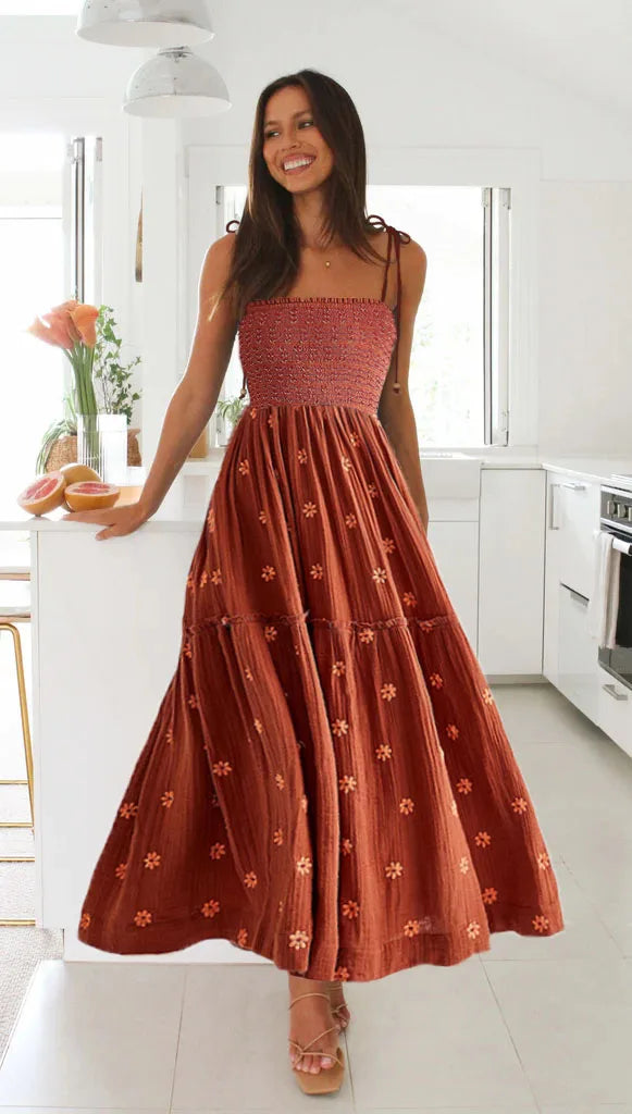 Midi Dresses - Smocked Boho Midi Dress with Embroidery for Outdoor Summer Festivities