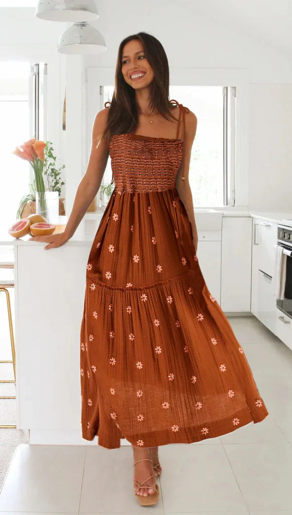 Midi Dresses - Smocked Boho Midi Dress with Embroidery for Outdoor Summer Festivities