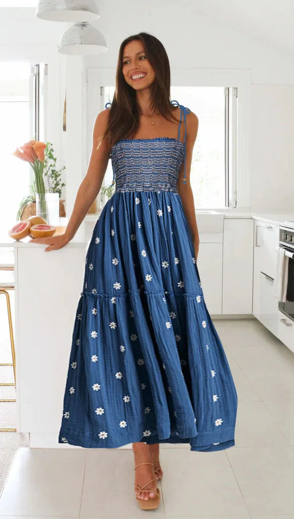 Midi Dresses - Smocked Boho Midi Dress with Embroidery for Outdoor Summer Festivities