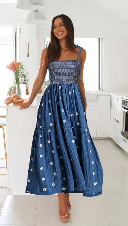 Midi Dresses - Smocked Boho Midi Dress with Embroidery for Outdoor Summer Festivities