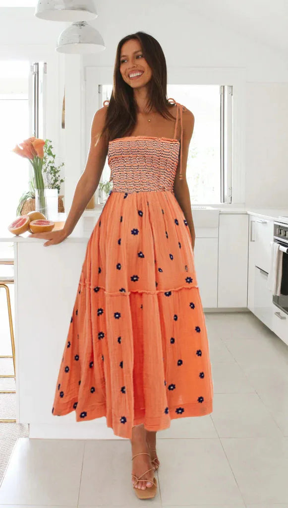 Midi Dresses - Smocked Boho Midi Dress with Embroidery for Outdoor Summer Festivities