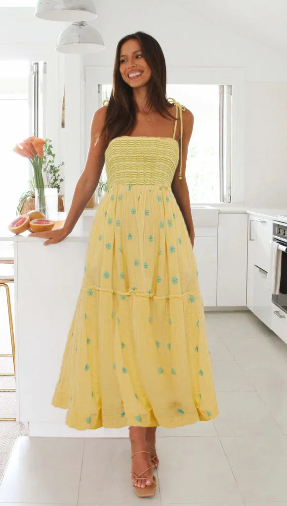 Midi Dresses - Smocked Boho Midi Dress with Embroidery for Outdoor Summer Festivities