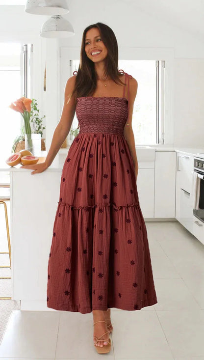 Midi Dresses - Smocked Boho Midi Dress with Embroidery for Outdoor Summer Festivities