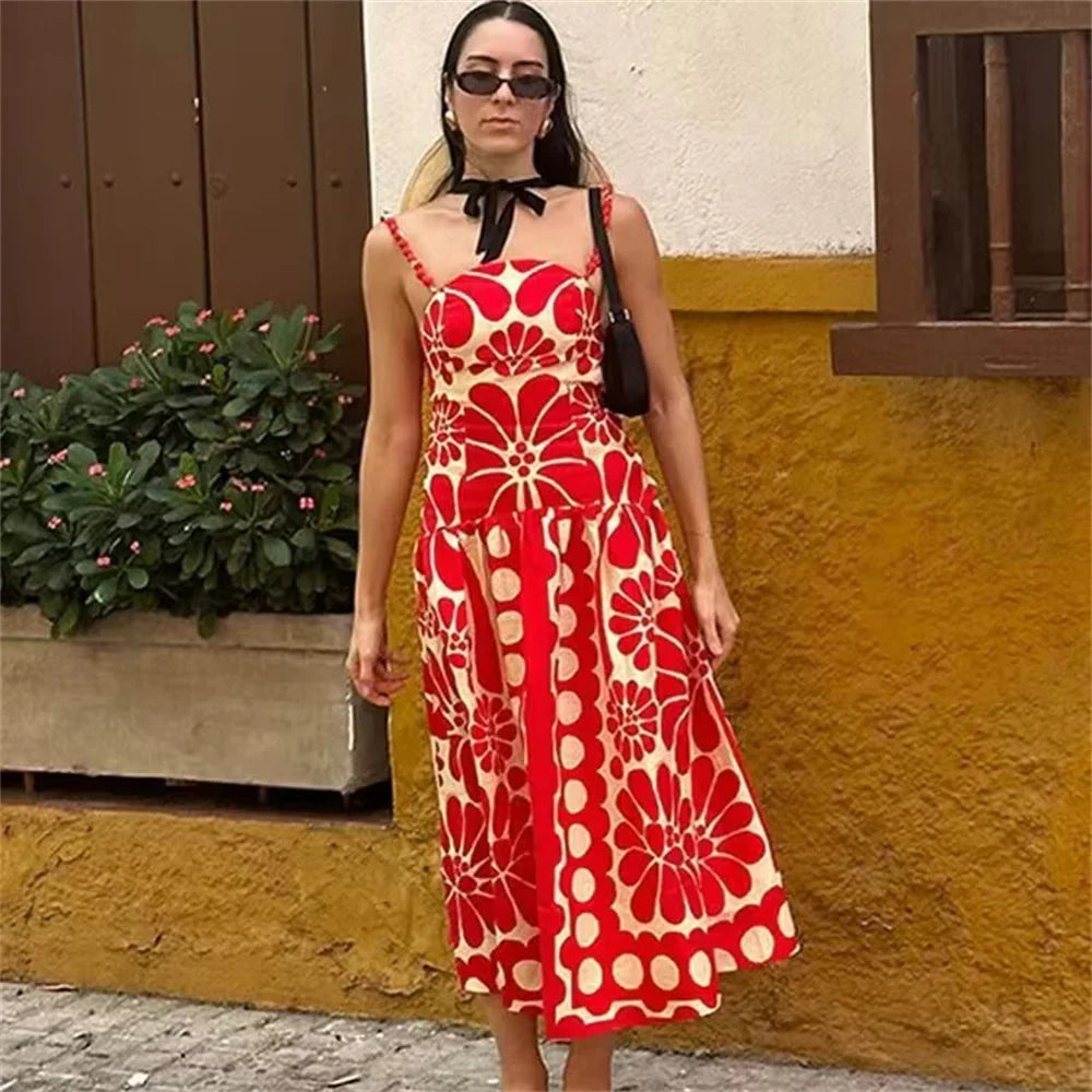 Midi Dresses- Red Floral Print Midi Dress- - Pekosa Women Fashion
