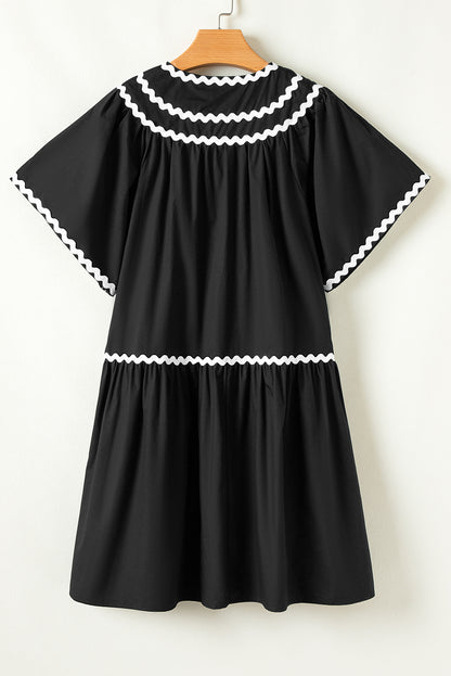 Mini Dresses - Black Summer Dress with Ricrac Trim
