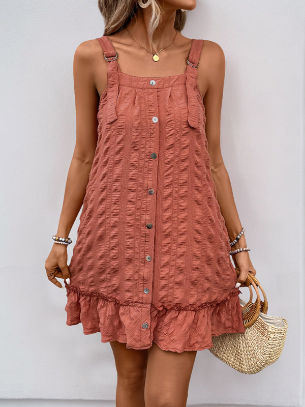 Mini Dresses - Casual Textured Mini Dress with Ruffle Hem