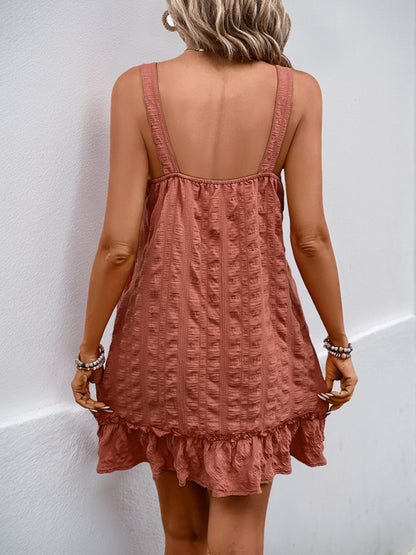 Mini Dresses - Casual Textured Mini Dress with Ruffle Hem