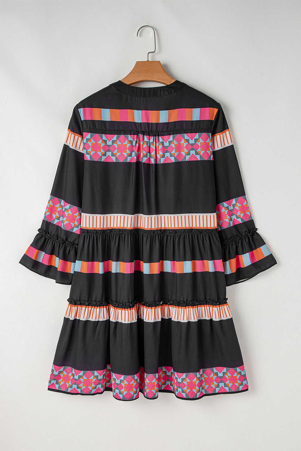 Mini Dresses - Fall Taupe Boho Ethnic Print V-Neck Ruffle Dress