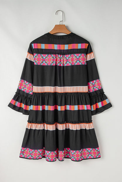 Mini Dresses - Fall Taupe Boho Ethnic Print V-Neck Ruffle Dress
