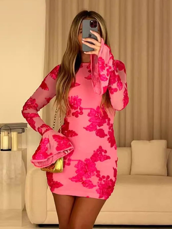 Mini Dresses - Floral Embroidered Backless Mini Dress for Parties
