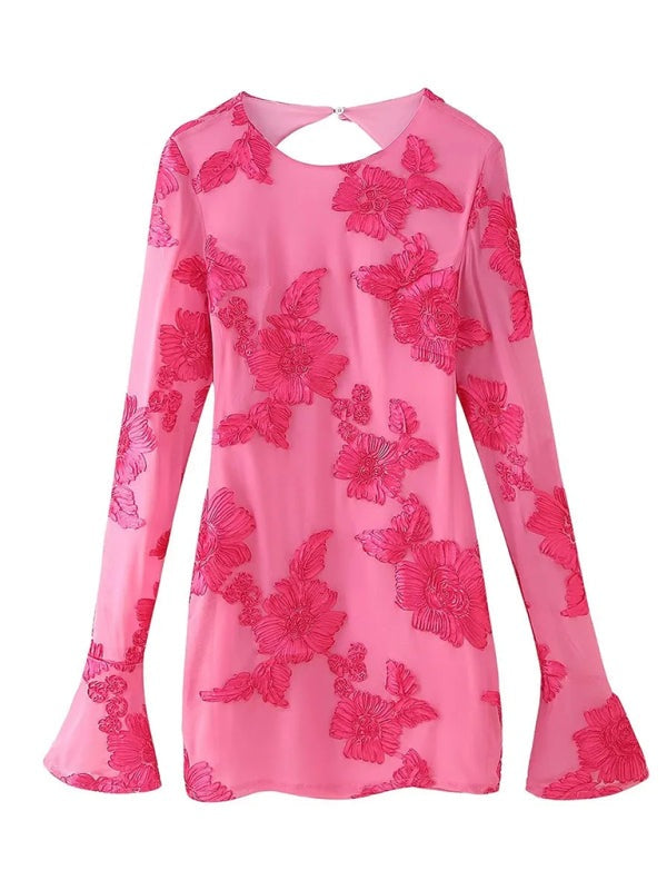 Mini Dresses - Floral Embroidered Backless Mini Dress for Parties