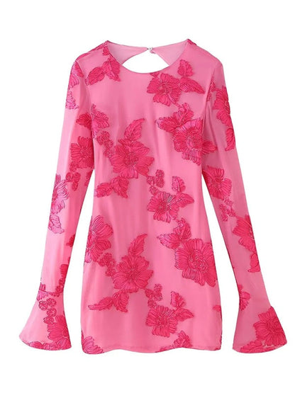 Mini Dresses - Floral Embroidered Backless Mini Dress for Parties