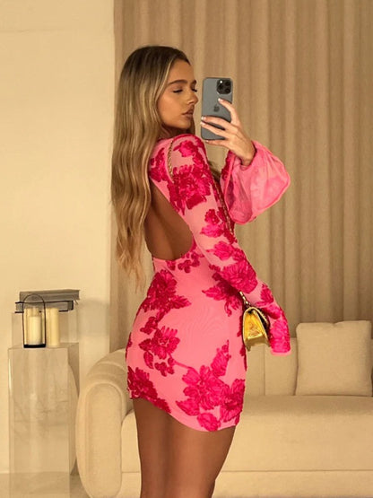 Mini Dresses - Floral Embroidered Backless Mini Dress for Parties