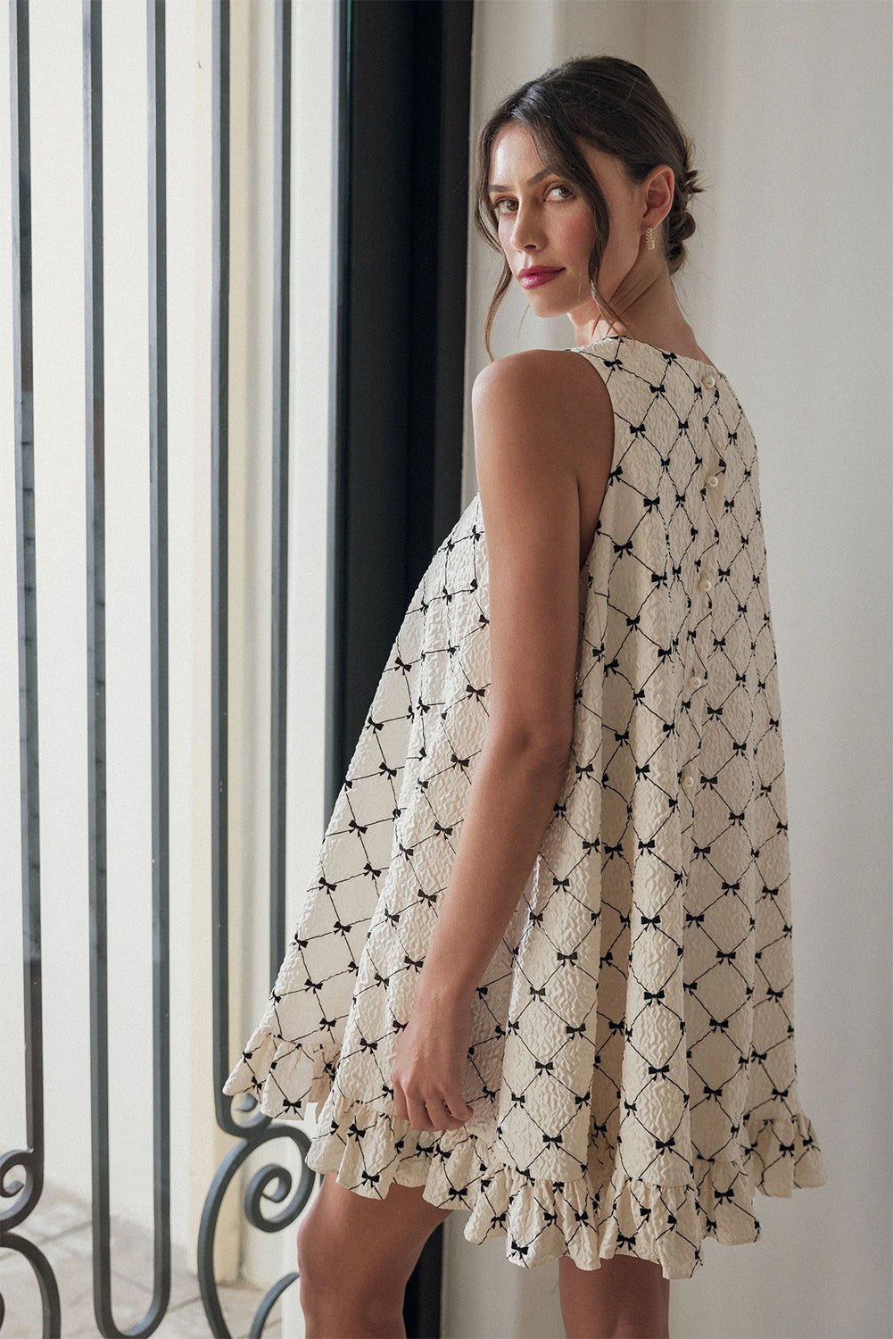 Mini Dresses - Checker Casual Summer Dress with Ruffle Hem