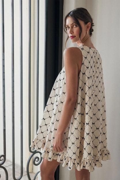 Mini Dresses - Checker Casual Summer Dress with Ruffle Hem