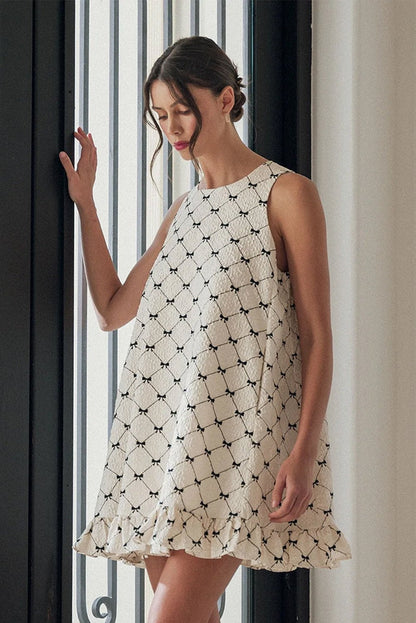 Mini Dresses - Checker Casual Summer Dress with Ruffle Hem
