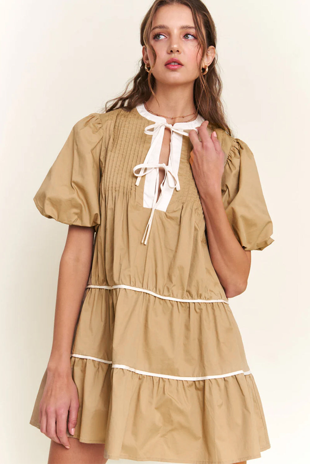 Mini Dresses - Casual Cotton Dress with Tie-up Front