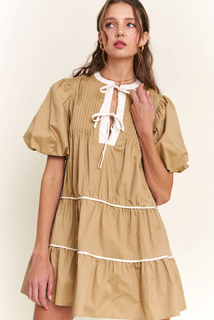 Mini Dresses - Casual Cotton Dress with Tie-up Front
