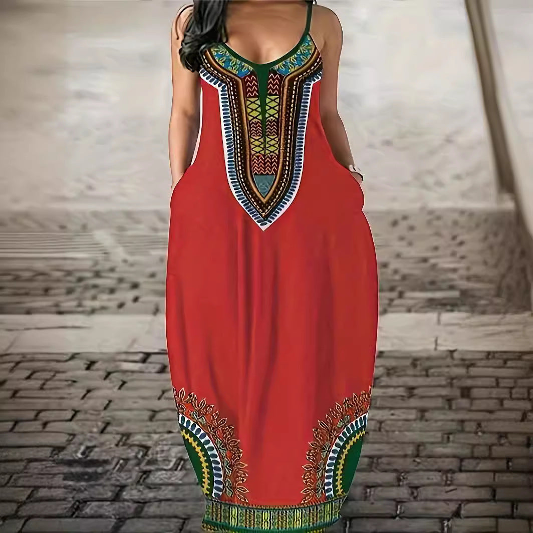 A-Line Dresses - V-neck Strap Long Digital Printing Ladies Dress