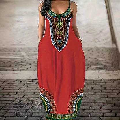 A-Line Dresses - V-neck Strap Long Digital Printing Ladies Dress