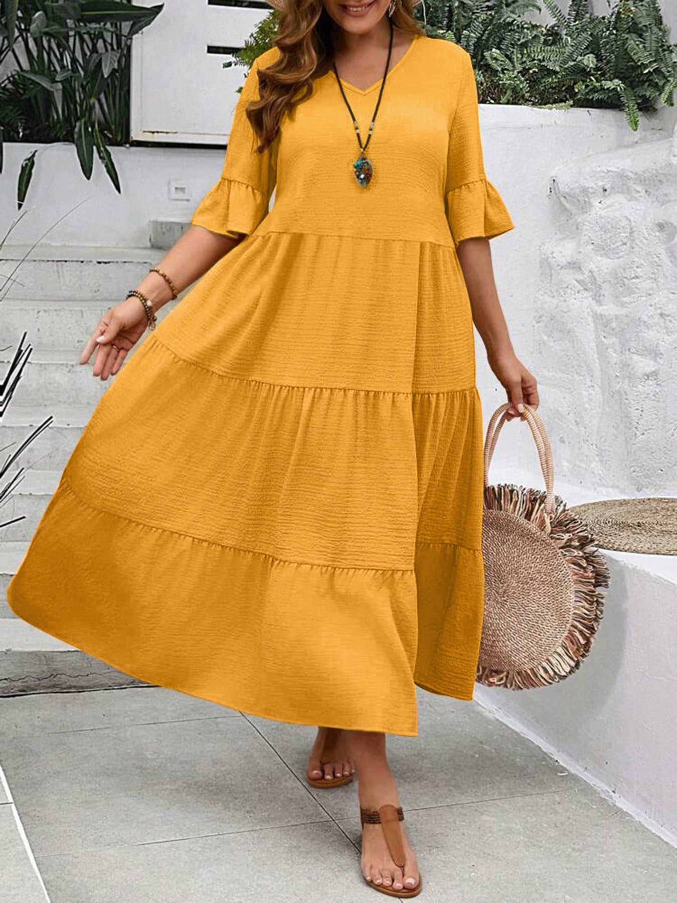 Casual Dresses - V-neck Stitching Multicolor Long Large Hem Plus Size Dress
